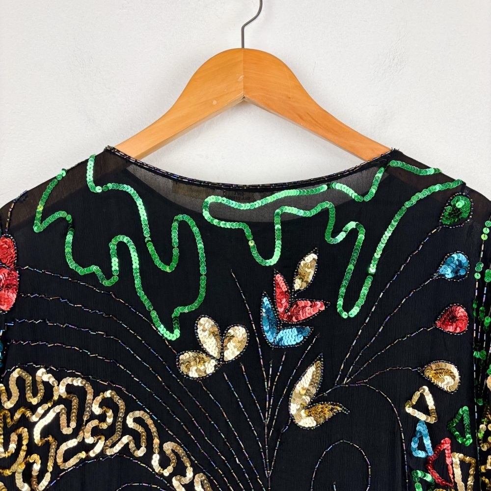 Vintage 80s Sequin Embroidered Silk Top Sz M - Picture 6 of 7
